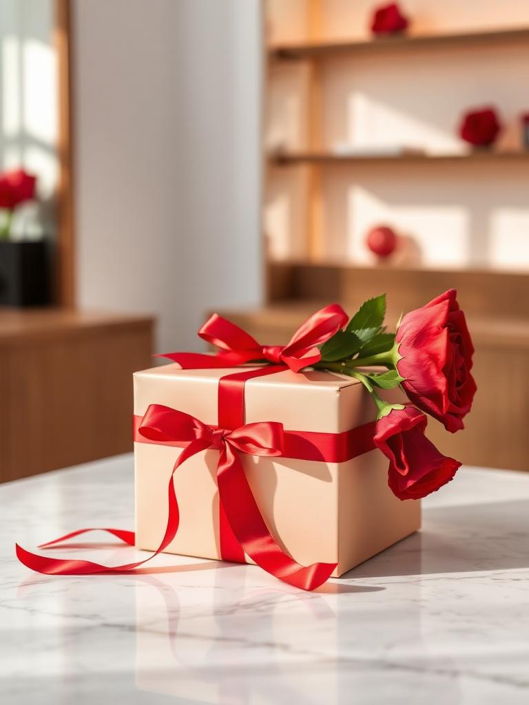 Complimentary surprise gift box and fresh roses at the salon counter