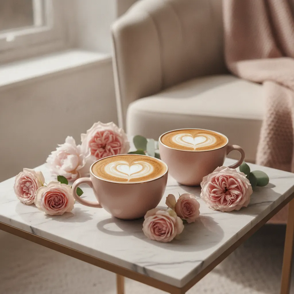 Two coffee cups with heart latte art on a marble salon side table with pink roses