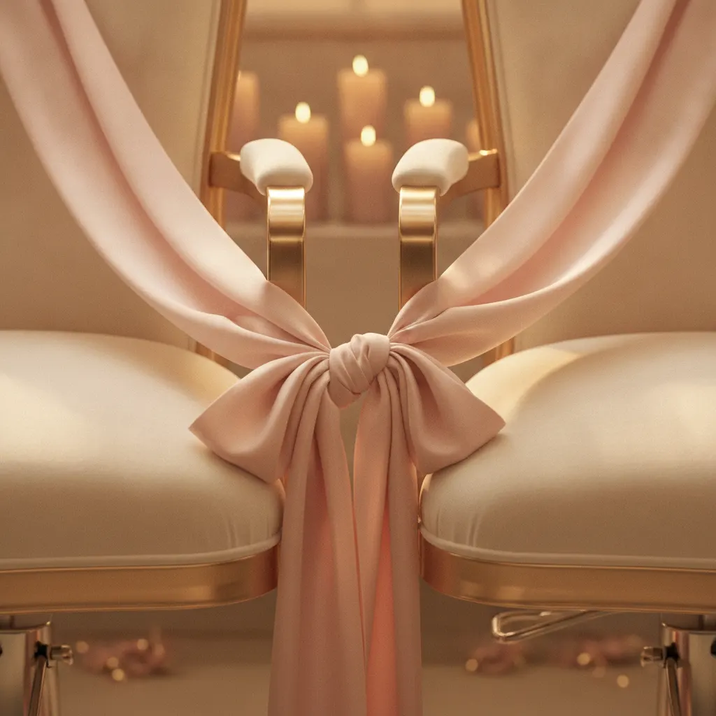 Two salon chairs side by side tied together with a soft pink ribbon, warm candlelight behind