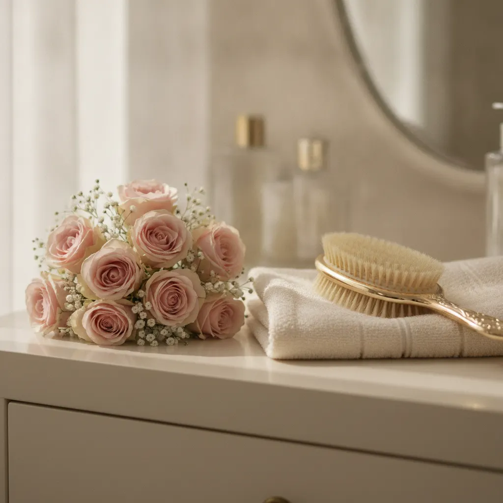 Blush pink roses beside a folded towel and gold brush on a salon vanity