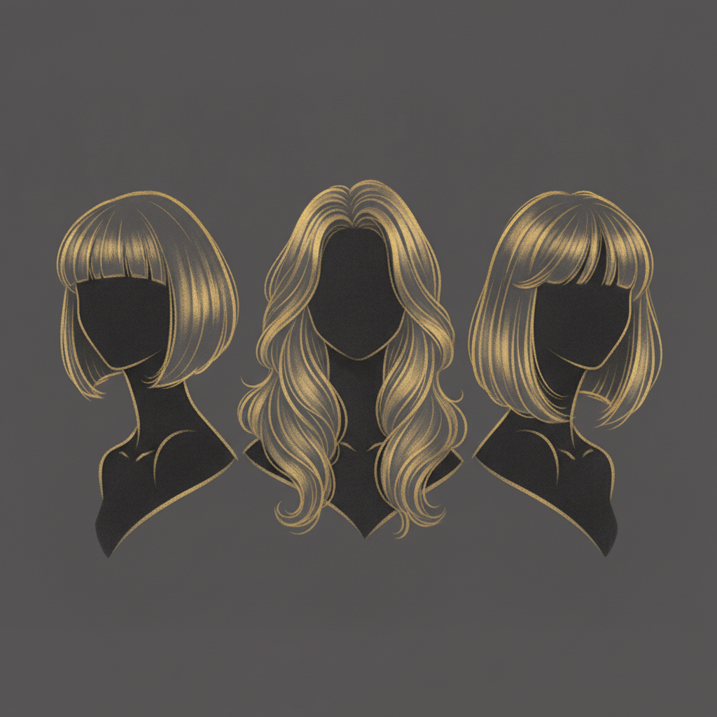 Editorial illustration of women's hairstyles — bob, long layers and curtain bangs — at The Jawed Habib, Bagalur