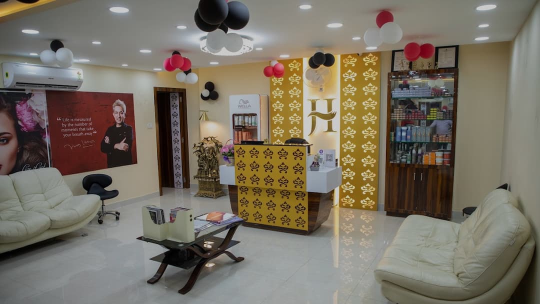 Reception and product display at The Jawed Habib Unisex Luxury Salon, Reva Circle, Bagalur Main Road, Kattigenahalli