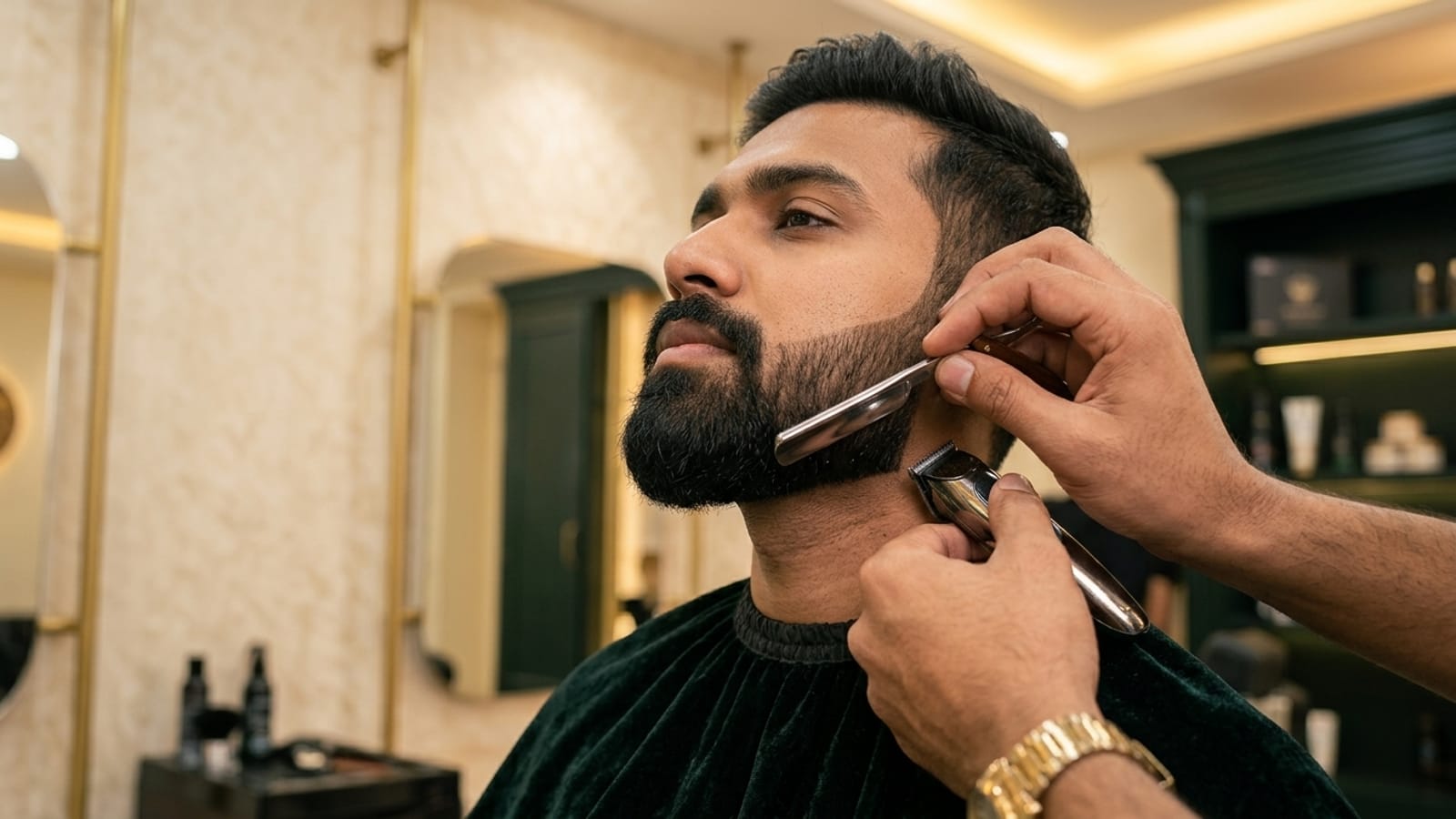 Men's beard sculpt and line-up at The Jawed Habib salon, Bagalur