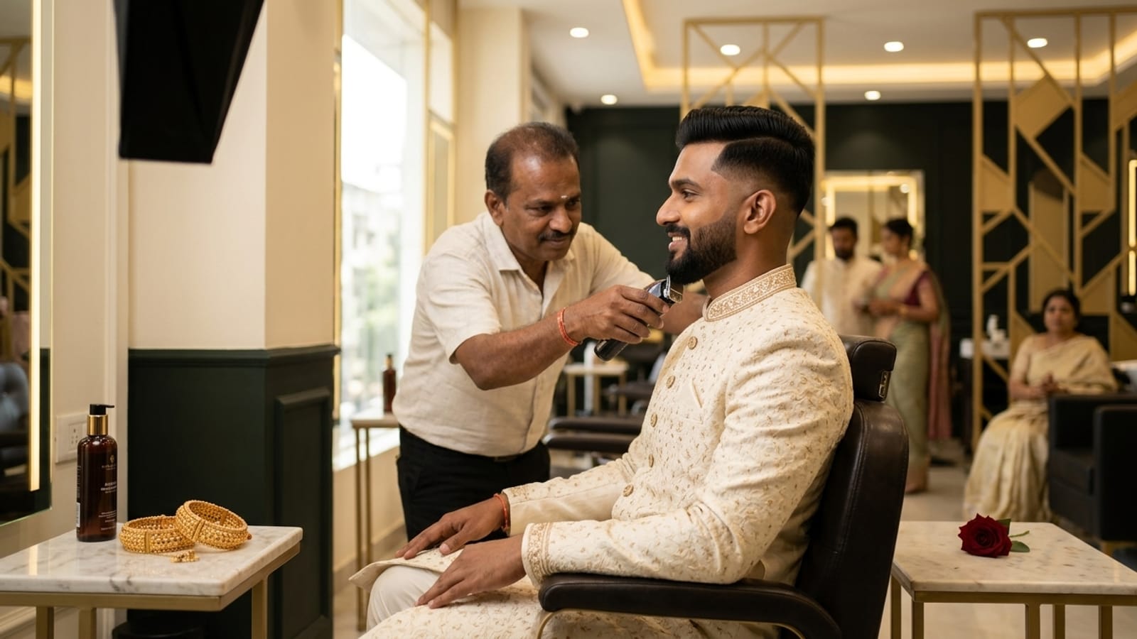 Groom wedding-day grooming at The Jawed Habib salon, Bagalur