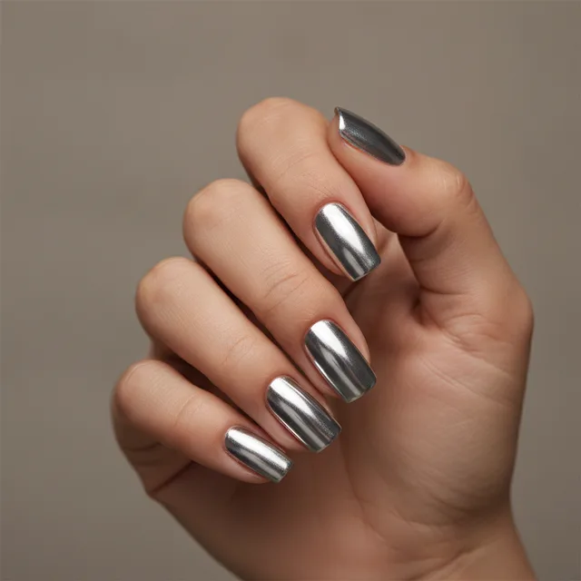 Chrome Silver nail art — AI virtual nail try-on preview at The Jawed Habib salon, Bagalur, Bengaluru