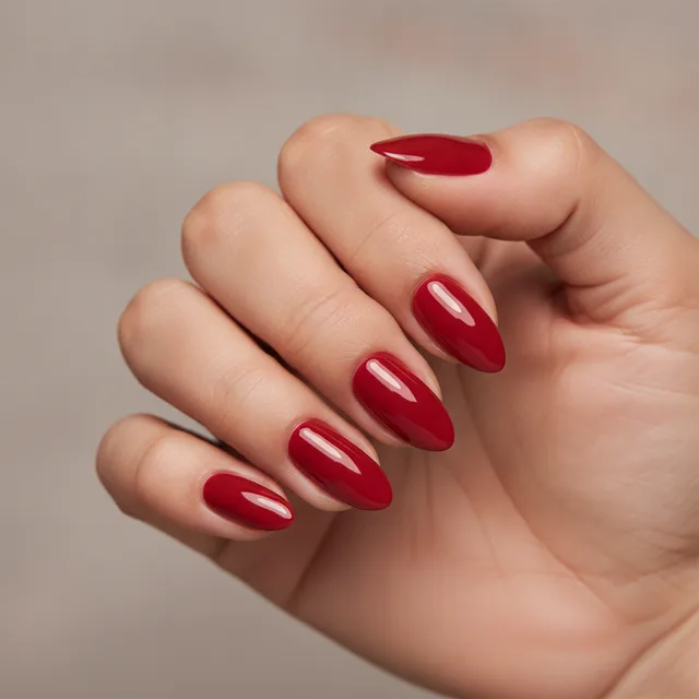 Glossy Red nail art — AI virtual nail try-on preview at The Jawed Habib salon, Bagalur, Bengaluru