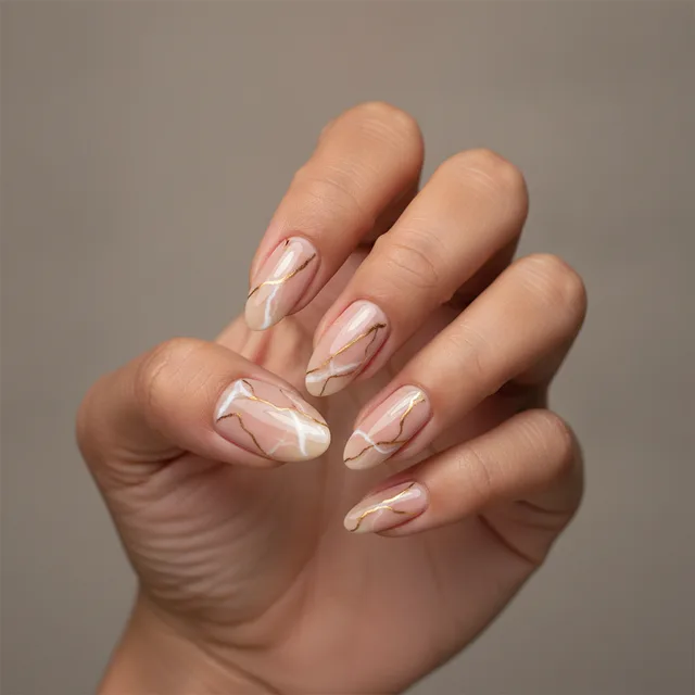 Marble Nude nail art — AI virtual nail try-on preview at The Jawed Habib salon, Bagalur, Bengaluru
