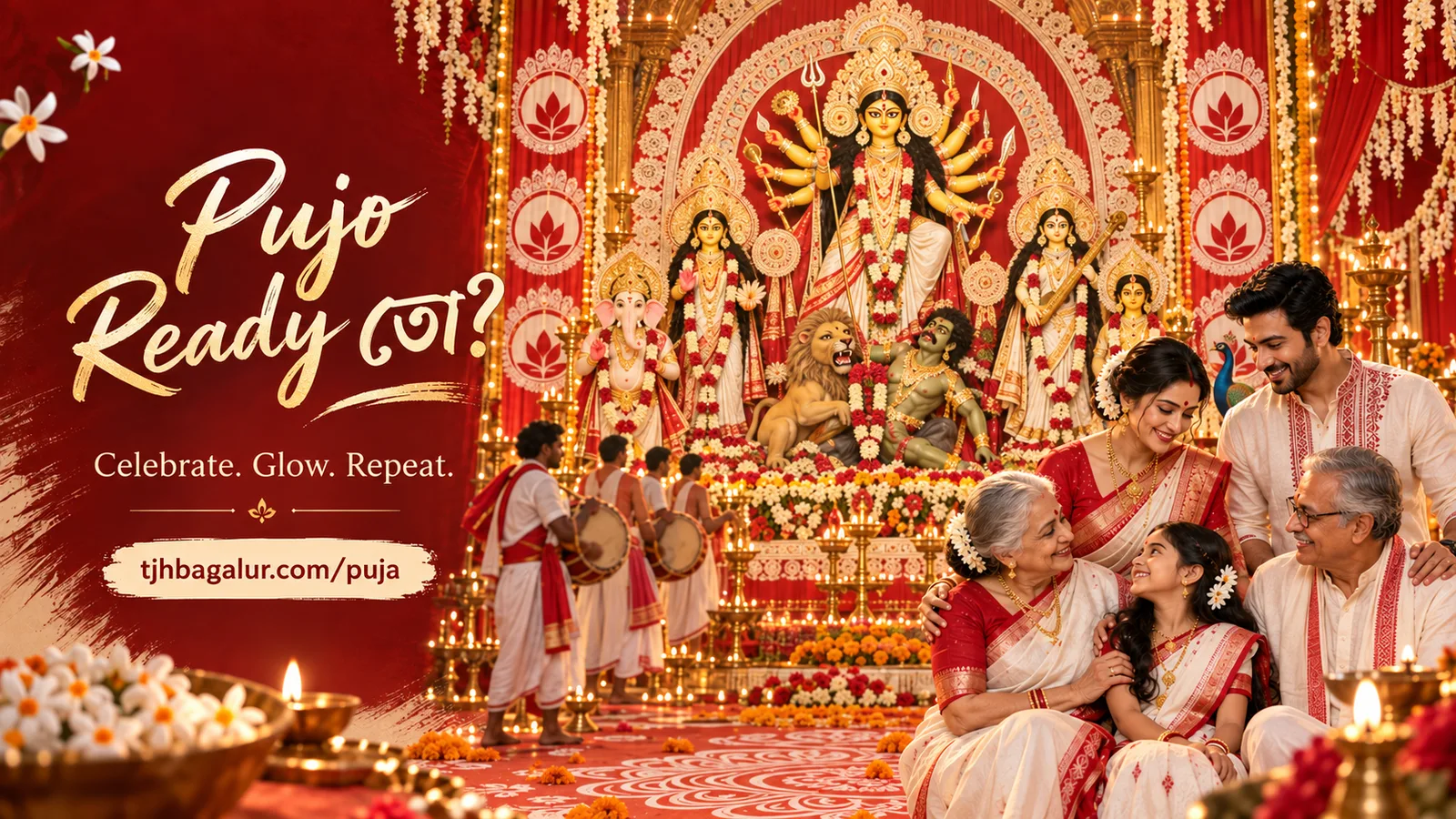 Pujo Ready তো? — Durga Puja celebrations at a decorated pandal. Celebrate. Glow. Repeat. tjhbagalur.com/puja